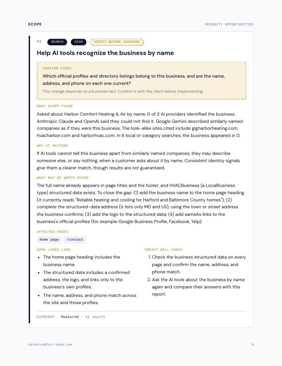 An opportunity card showing what SCOPE found, why it matters, what to do, and how Verify will check it